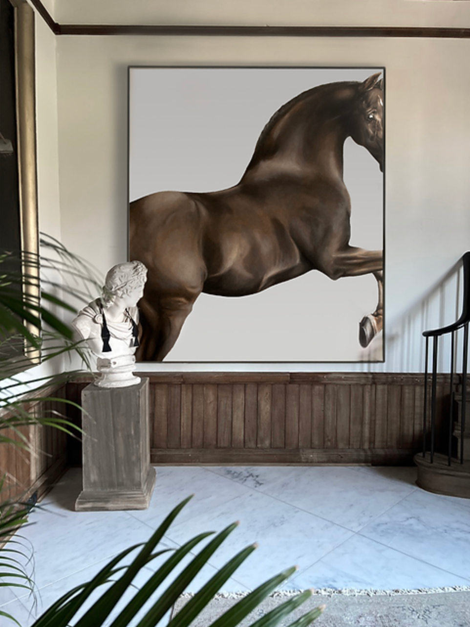 painting of a bay horse Whistlejacket in a large entrance hall 