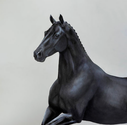 painting of a black dressage horse 