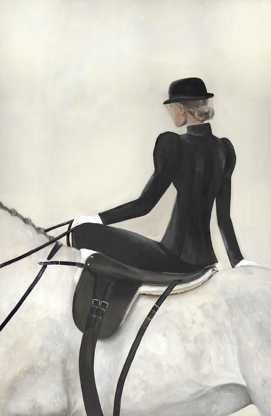 acrylic painting of a blonde woman in a hunting habit riding side saddle on a grey horse