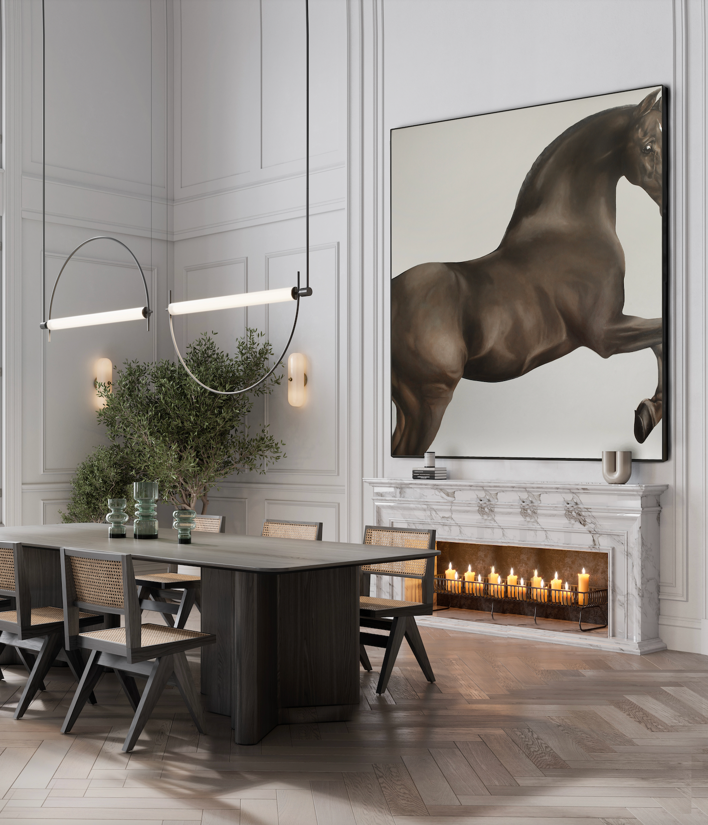 huge acrylic painting of a horse in a large dining room with fireplace