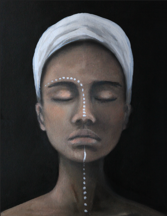 oil portrait painting of a pretty african woman with white paint on her face
